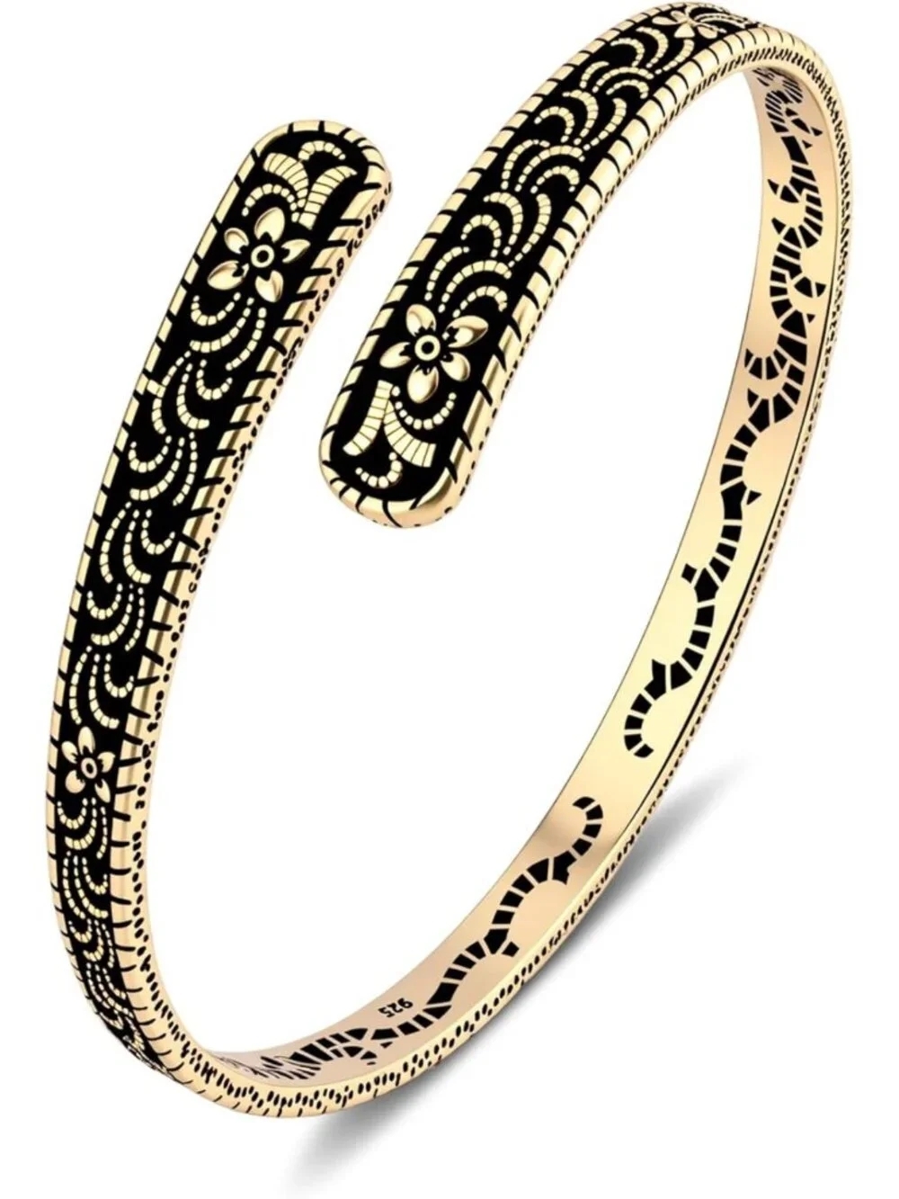 Vintage 14K Gold Plated Boho Cuff Bracelet - Adjustable Floral Stackable Bangle